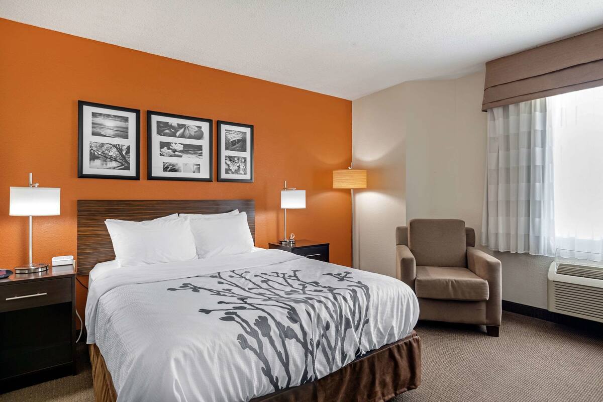 Quarto de hotel com uma cama grande, duas mesas de cabeceira, uma cadeira, uma luminária e uma janela com cortinas.