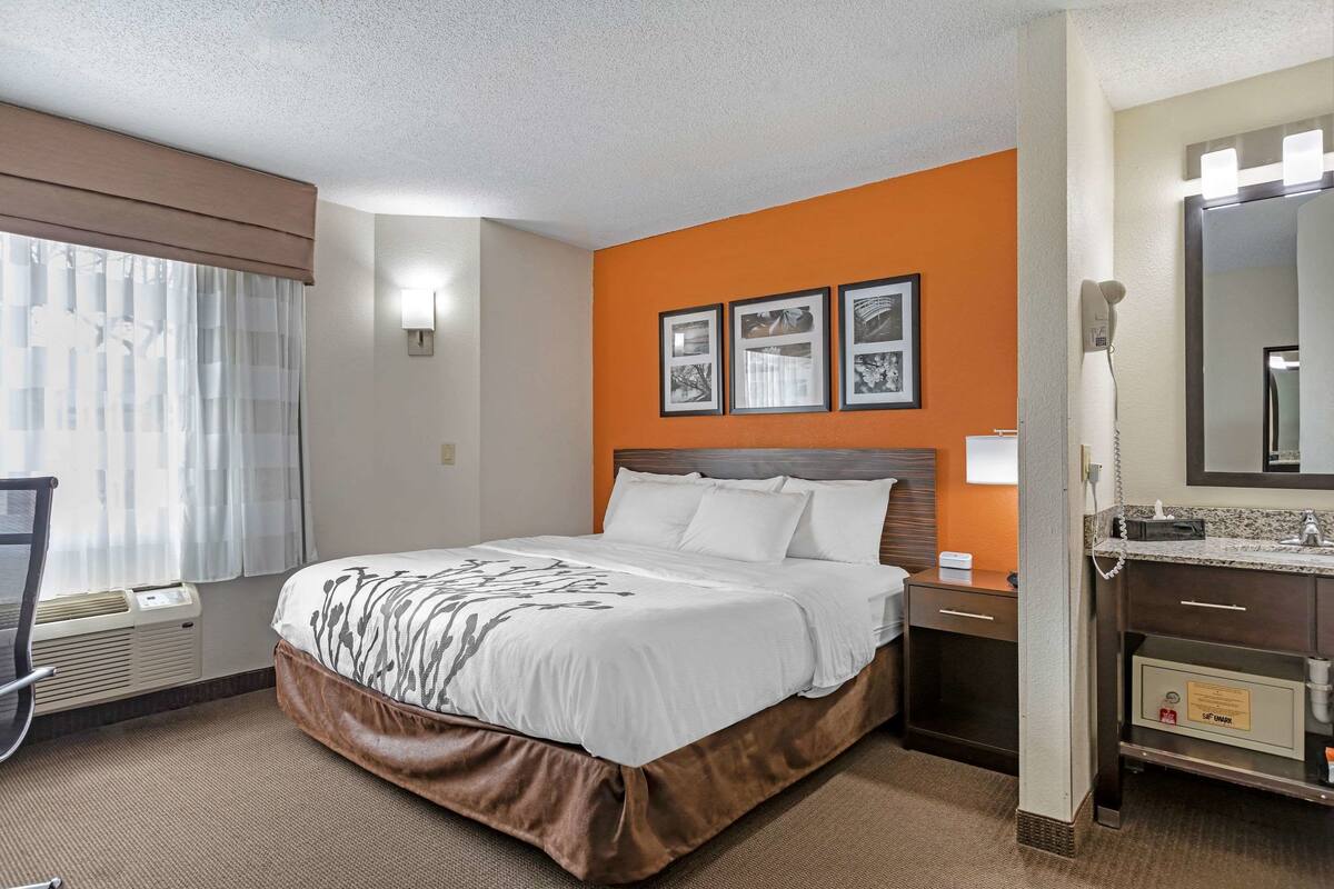Quarto de hotel com uma cama grande, uma mesa de cabeceira com abajur, espelho e banheiro com pia e bancada.