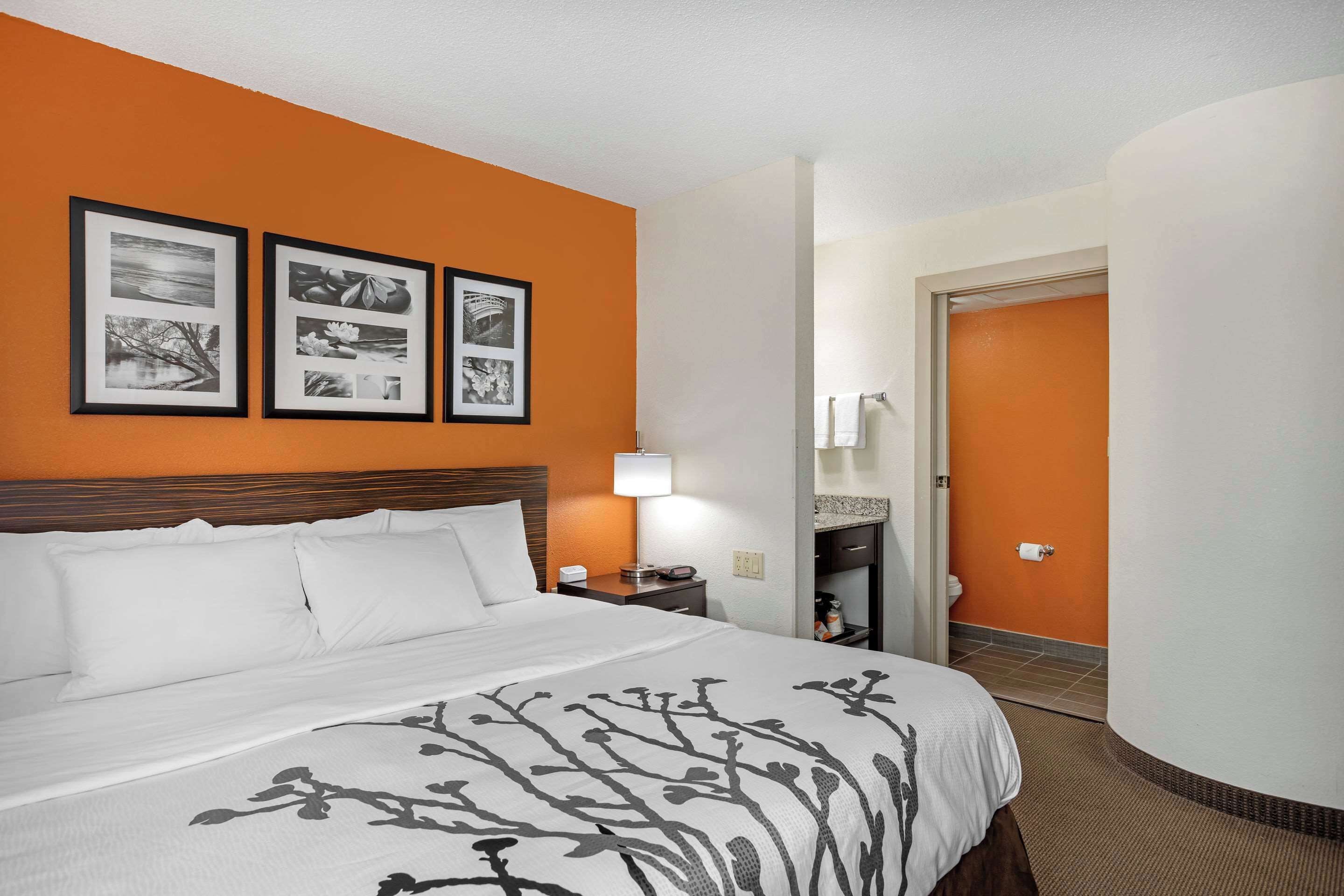 A hotel room with a large bed, a nightstand, a lamp, and three framed pictures on the wall.