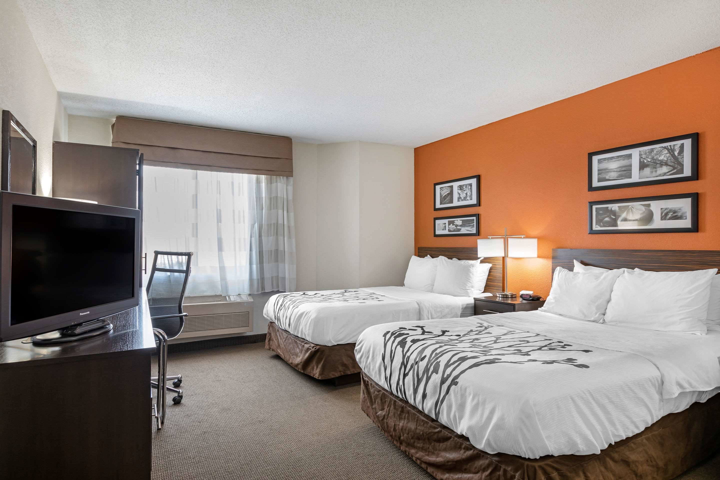 A hotel room with two beds, a TV, and a desk.