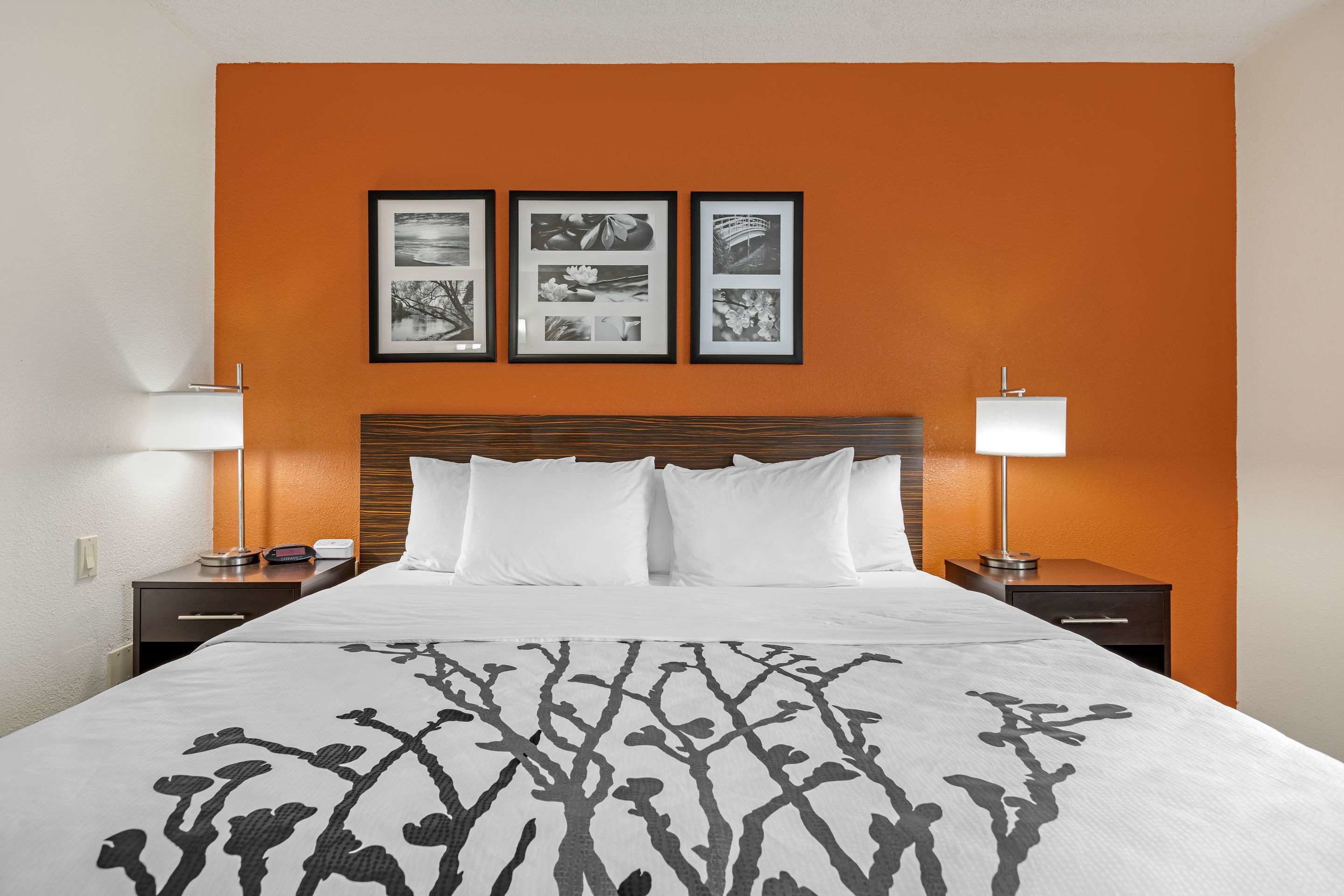 A hotel room with a large bed, two bedside tables with lamps, and a wall with three framed pictures.