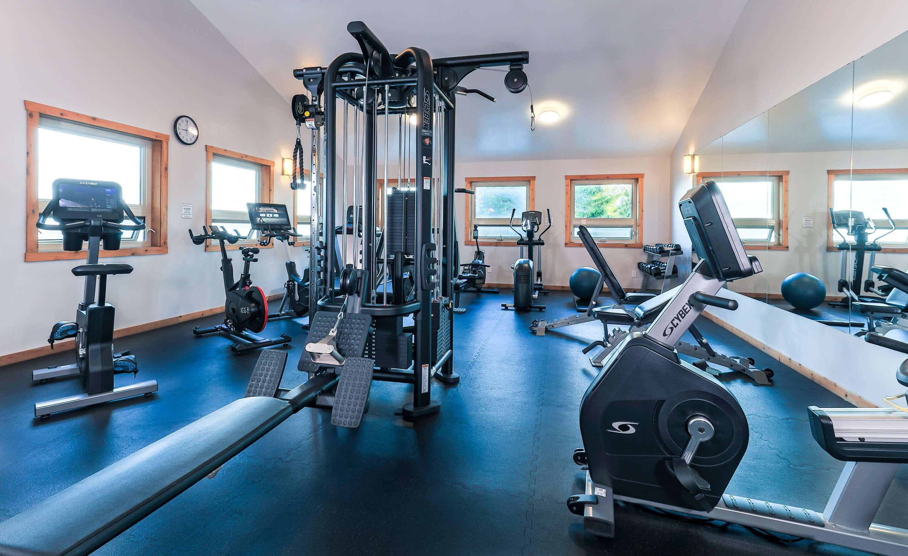 A gym with various exercise equipment including treadmills, weight machines, and a rowing machine.
