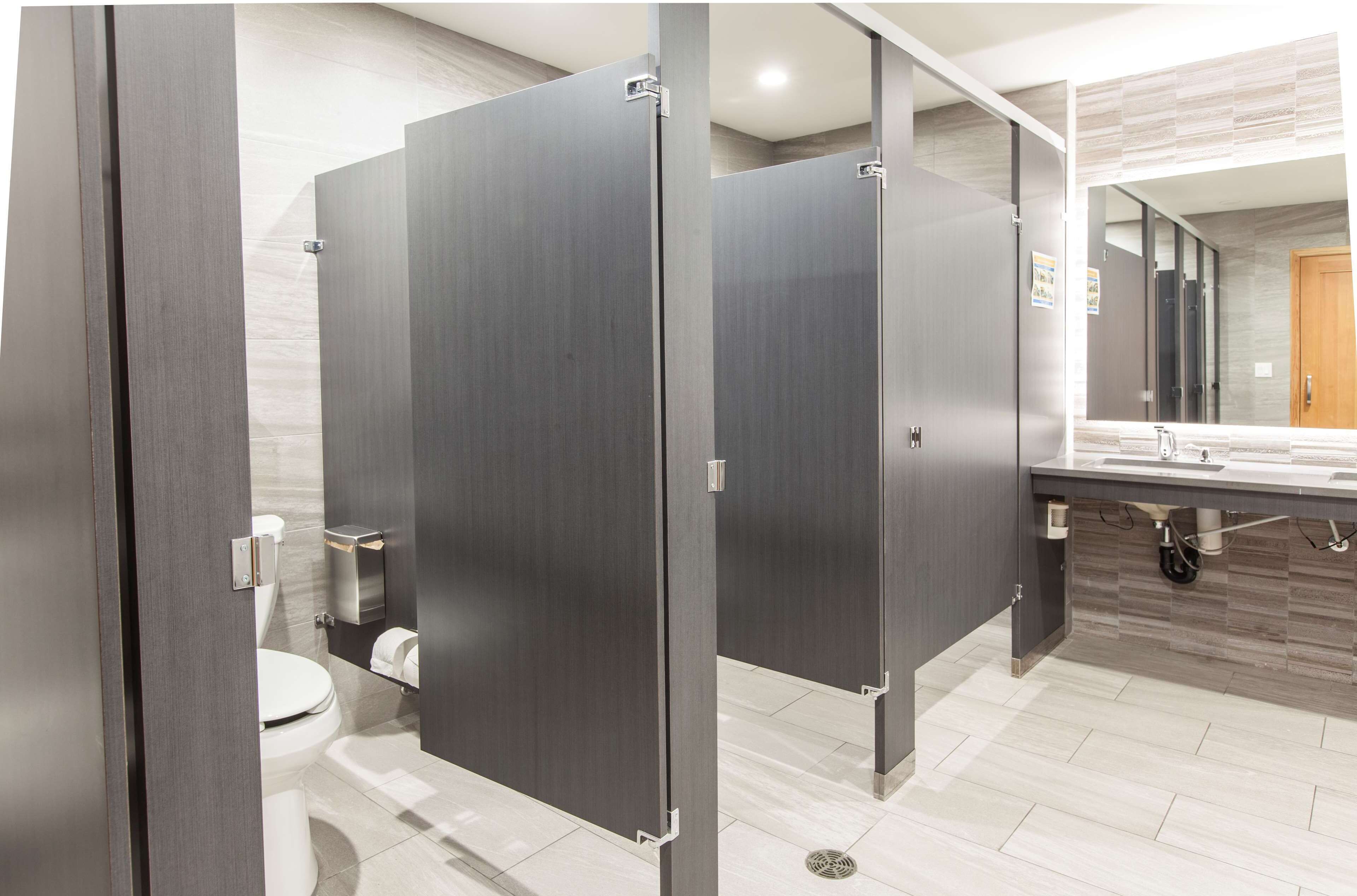 A modern bathroom with dark wooden partitions, a white toilet, and a sink with a mirror above it.