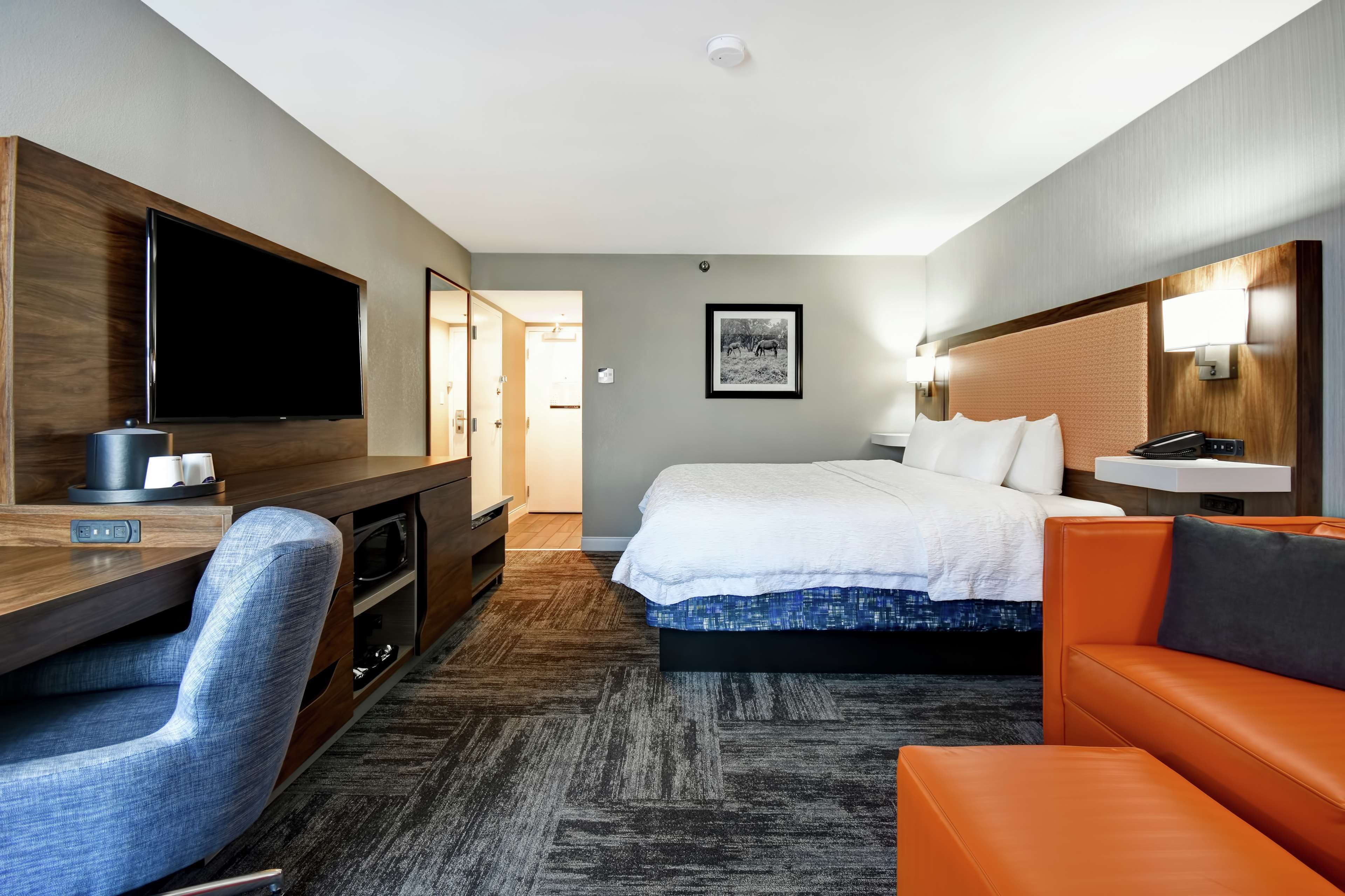 Habitación de hotel con cama, escritorio con televisor de pantalla plana, sofá y televisor en la pared.