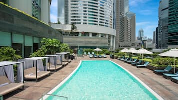 A rooftop pool with sun loungers and umbrellas, surrounded by high-rise buildings.