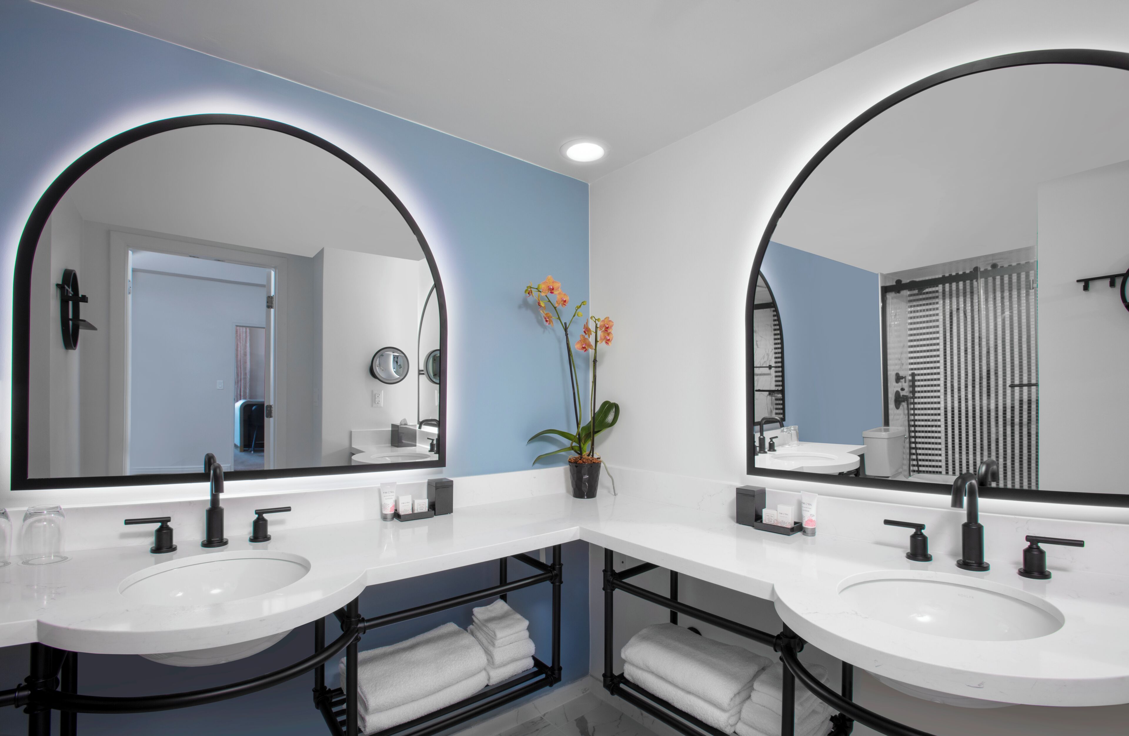 A modern bathroom with two sinks, large mirrors, and a potted plant.