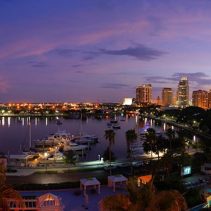 A marina with boats, a bridge, and high-rise buildings in the background.