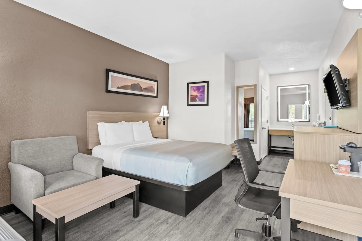 Premium bedding, desk, laptop workspace, blackout curtains