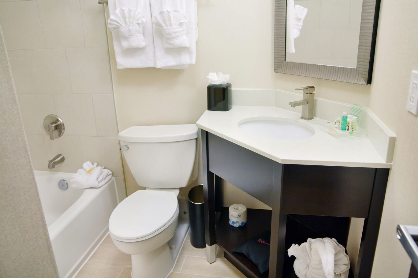 free toiletries, hair dryer, towels