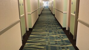 Un largo y estrecho pasillo de hotel con alfombra estampada, paredes de color claro y puertas a ambos lados.