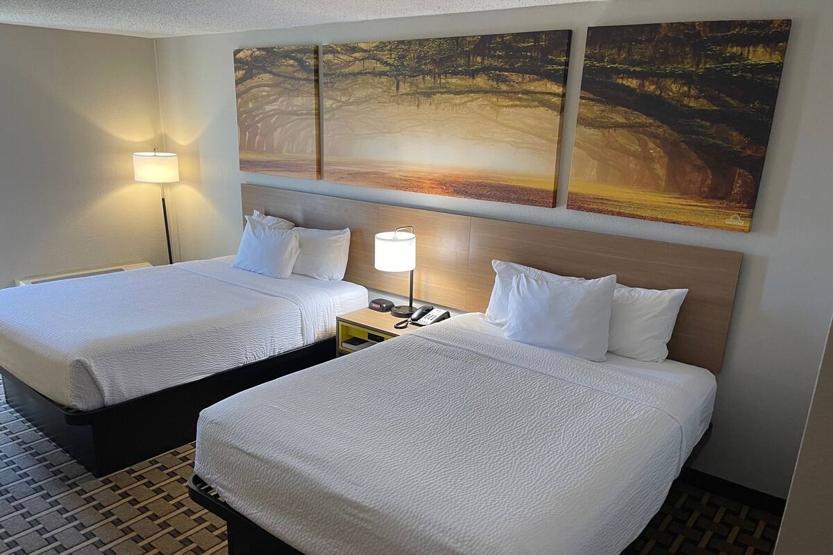 Une chambre d’hôtel avec deux lits, une table de chevet avec une lampe, un téléphone et un tableau au-dessus des lits.