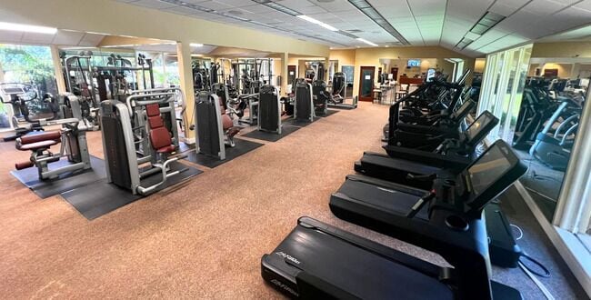 A gym with treadmills, weight machines, and exercise mats.