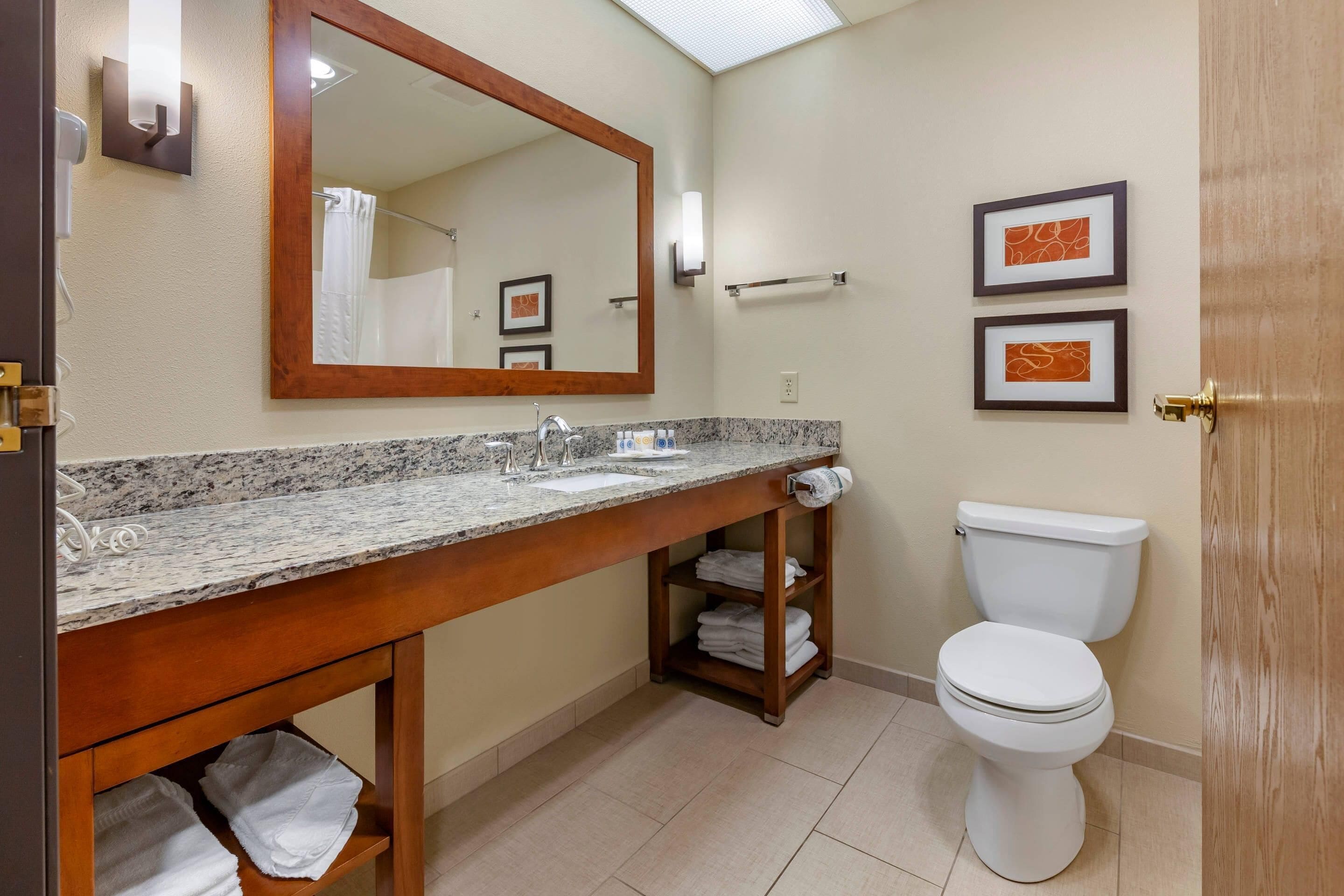 Une salle de bain avec un lavabo à vasque en granit, un meuble-lavabo en bois, des toilettes et deux tableaux encadrés au mur.