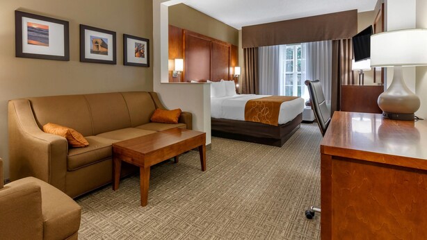 Habitación de hotel con sofá, cama, escritorio y televisor.