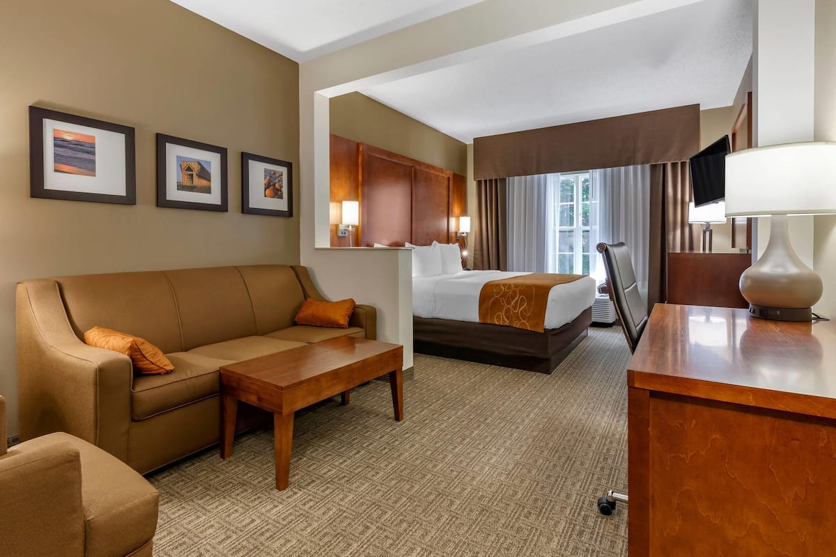 Habitación de hotel con sofá, cama, escritorio y televisor.