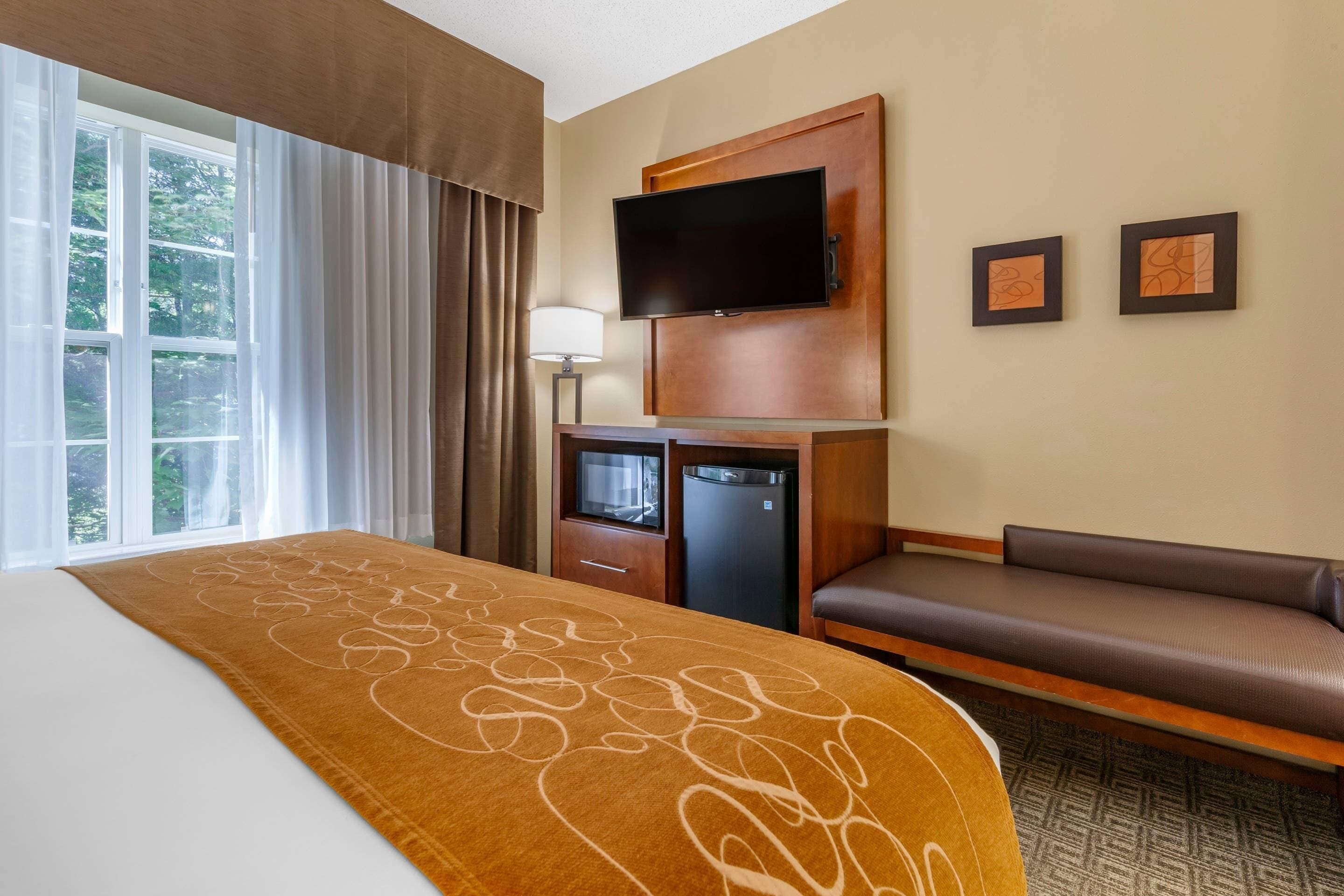 A hotel room with a bed, a TV mounted on the wall, a small refrigerator, a sofa, and two framed pictures on the wall.