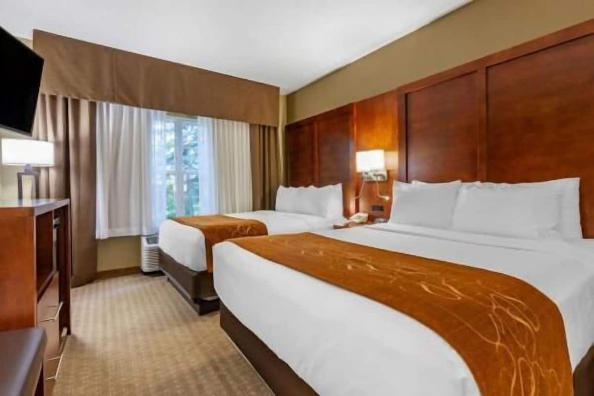Una habitación de hotel con dos camas, un escritorio, un televisor y una ventana con cortinas.