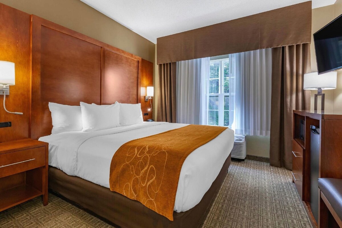 Habitación de hotel con una cama grande, cabecera de madera, televisor de pantalla plana, escritorio y ventana con cortinas.