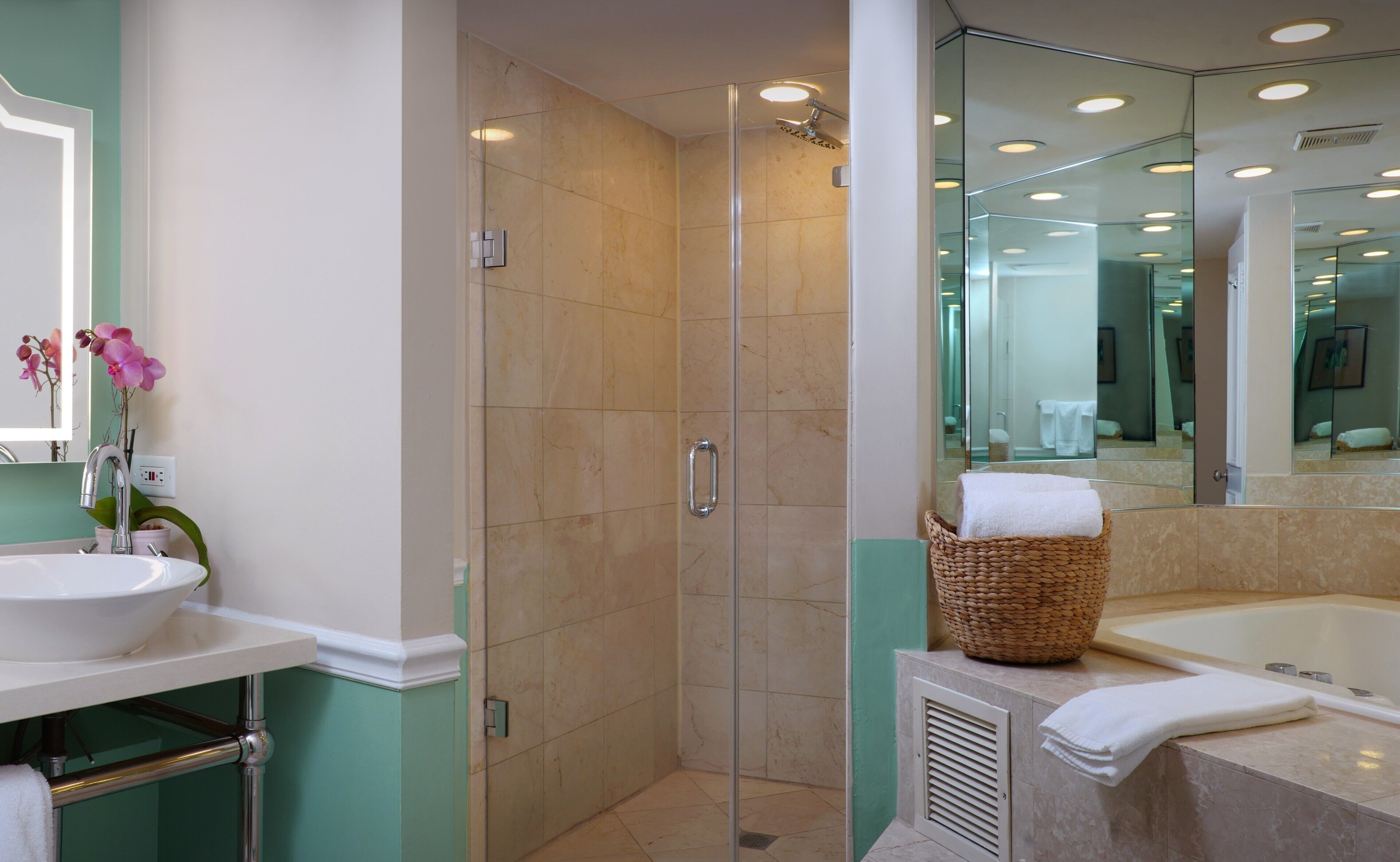 partial oceanview queen | bathroom | shower, designer toiletries, hair dryer, towels