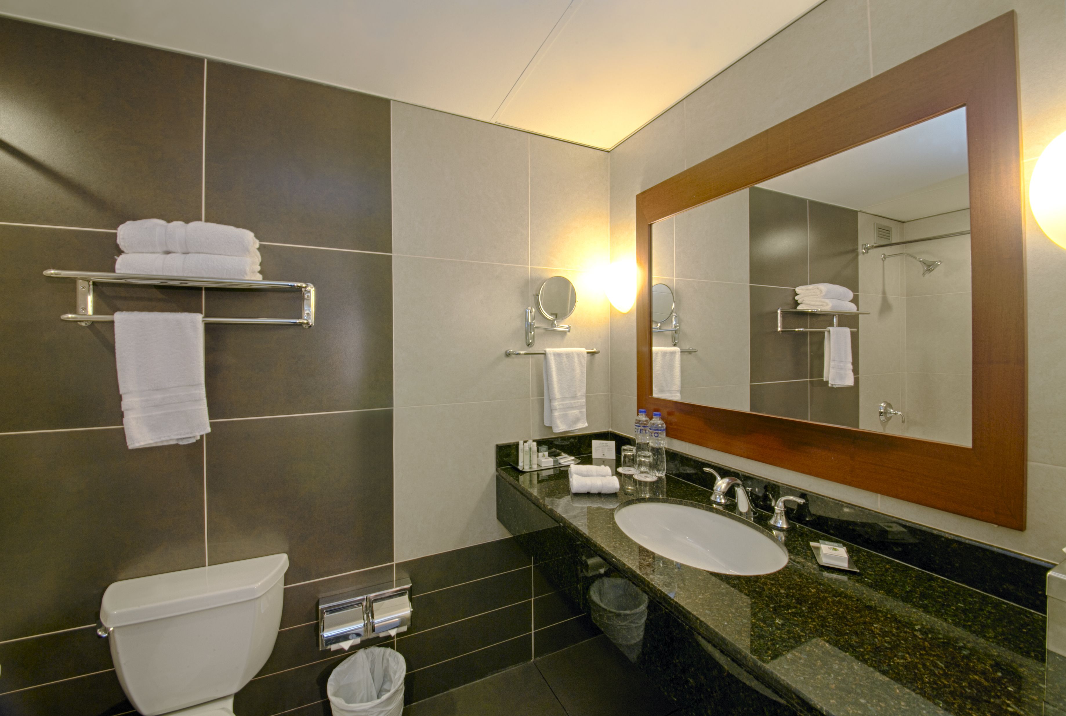 A modern bathroom with a toilet, sink, and large mirror. There are towels on a rack and a trash bin.