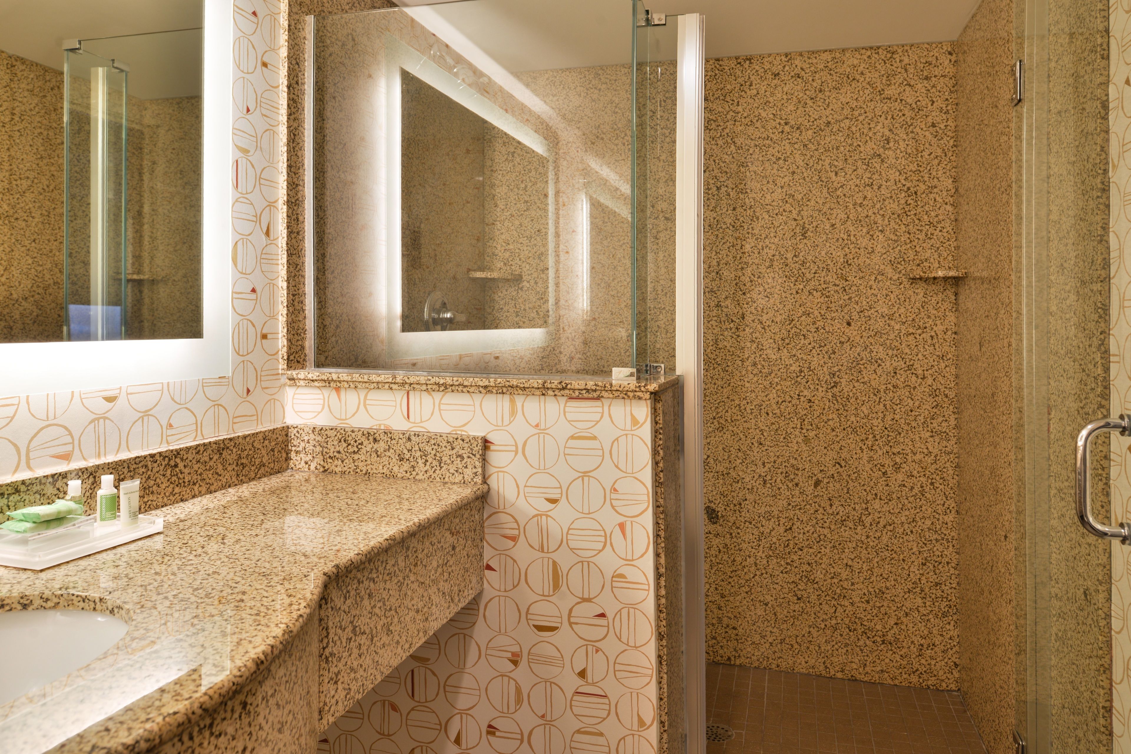 combined shower/bathtub, free toiletries, hair dryer, towels