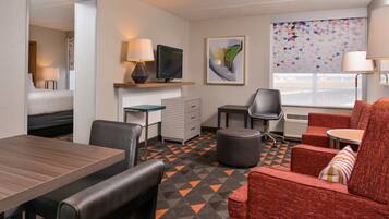 Individually furnished, desk, laptop workspace, blackout drapes