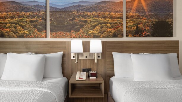 A hotel room with two beds, a nightstand with a phone and a clock, and a wall-mounted lamp. - Days Inn by Wyndham Canton (Canton)