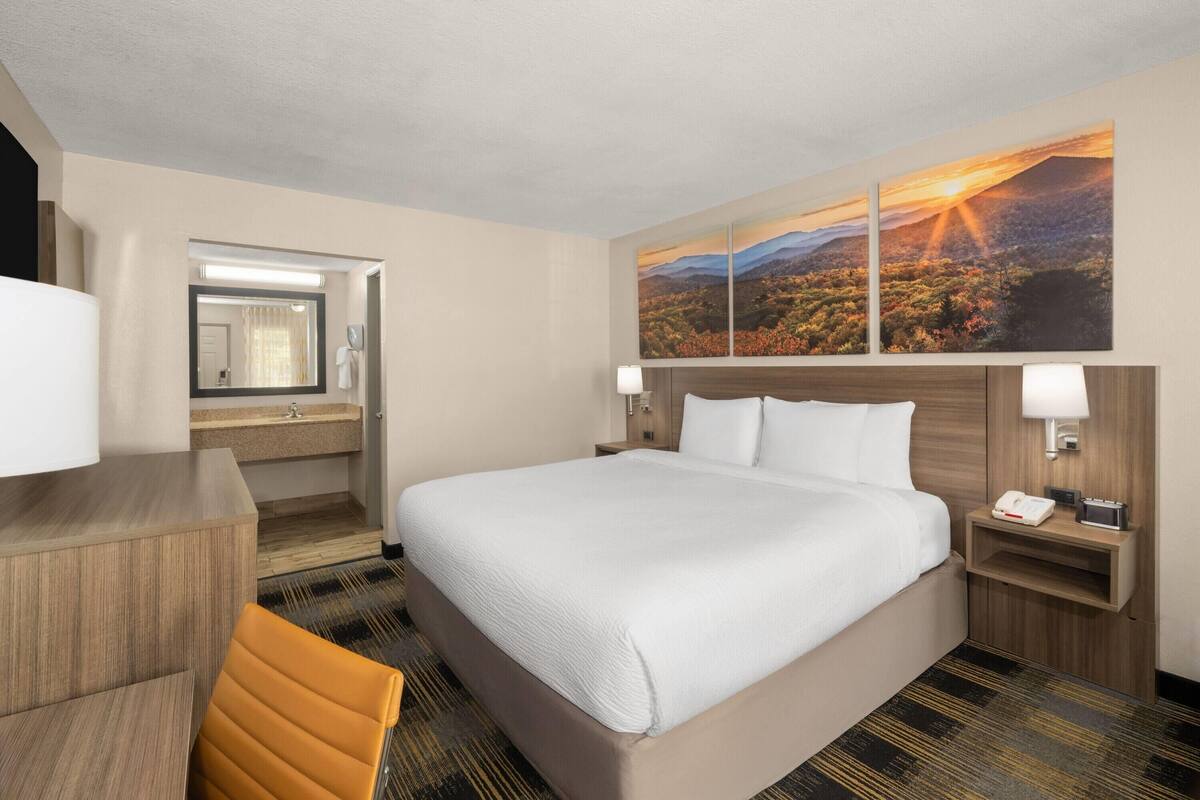 A hotel room with a large bed, a desk, a chair, a nightstand with a lamp, and a painting of a sunset landscape on the wall.