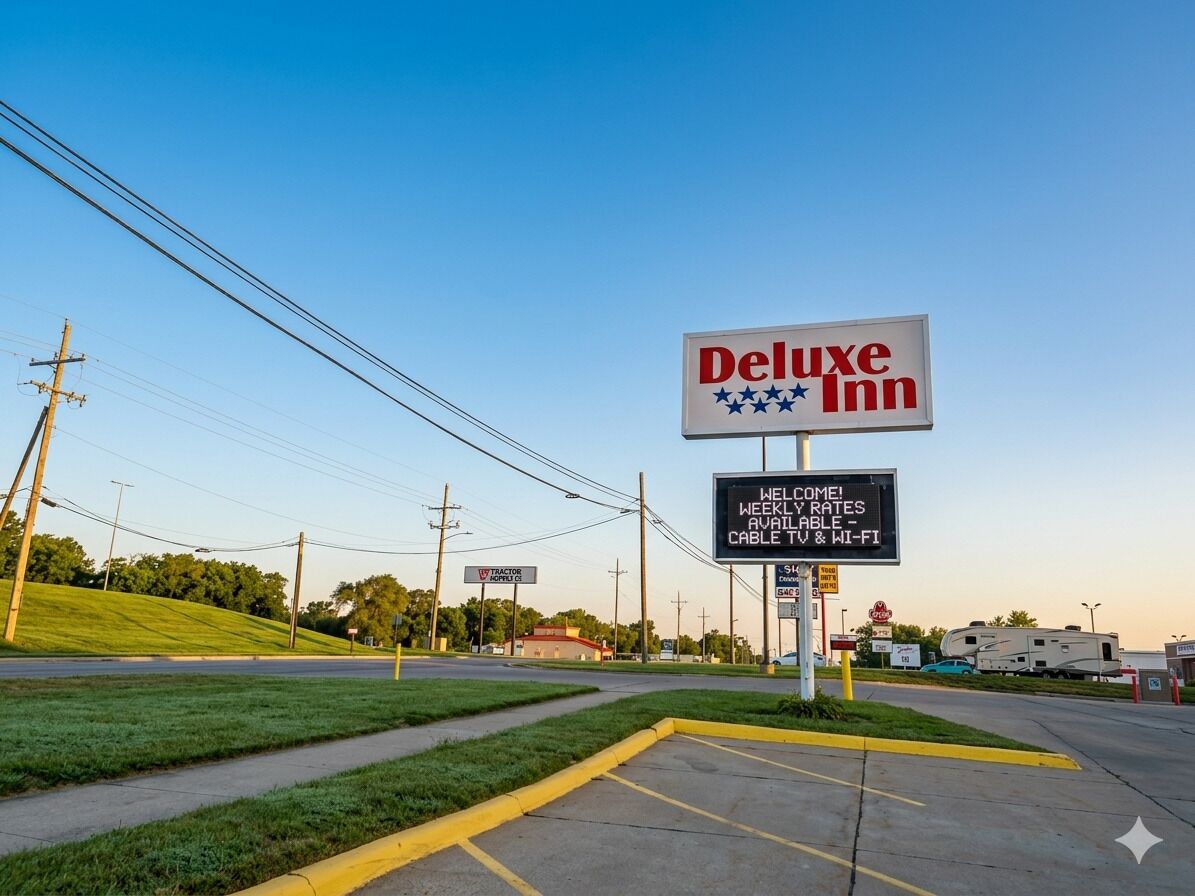 Señal de un Deluxe Inn con un mensaje de bienvenida y servicios como televisión por cable y Wi-Fi.