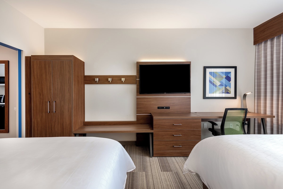 Habitación de hotel con dos camas, un escritorio, un televisor de pantalla plana, un armario y un cuadro en la pared.
