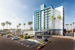 Un hôtel Holiday Inn Express doté d’un parking et bordé de palmiers.