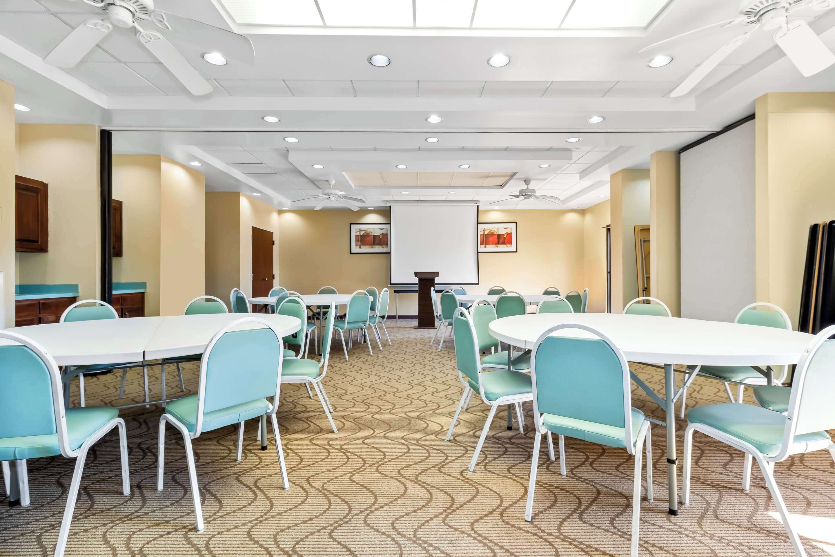 A conference room with white tables and teal chairs, a patterned carpet, and a projector screen on the wall.