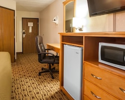 Habitación de hotel con un escritorio de madera, una silla de oficina negra, un refrigerador pequeño, un televisor y una alfombra estampada.