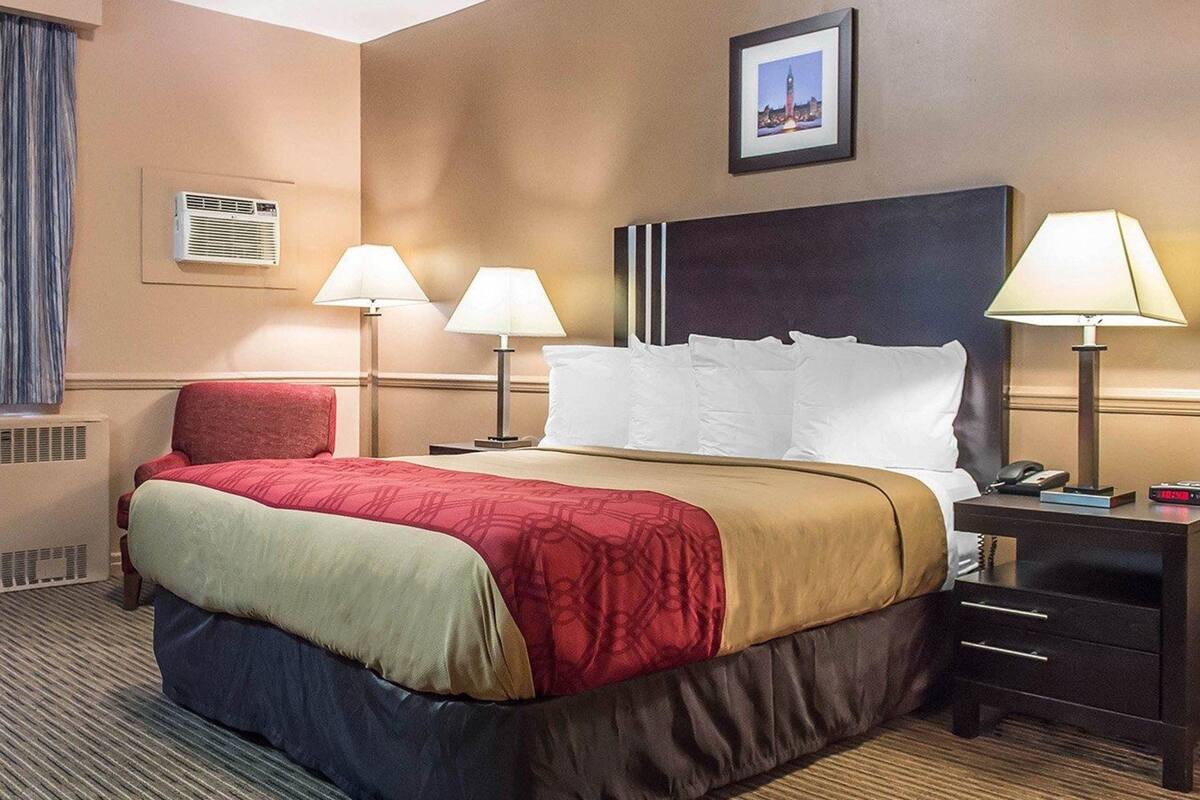 Een hotelkamer met een groot bed, twee nachtkastjes met lampen, een lijst met een afbeelding aan de muur, en een raam met gordijnen.