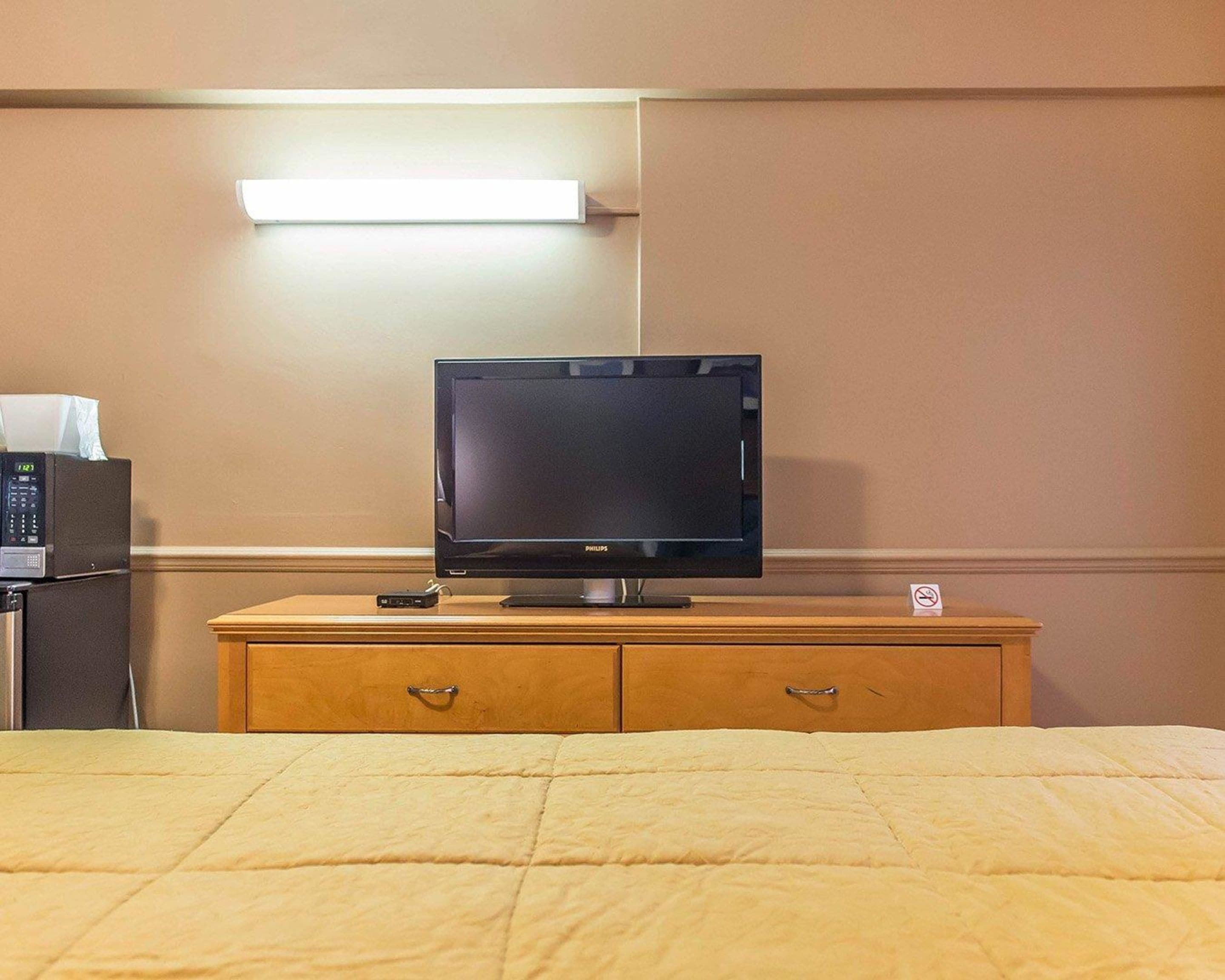 A hotel room with a bed, a TV on a wooden dresser, a microwave, and a nightstand.