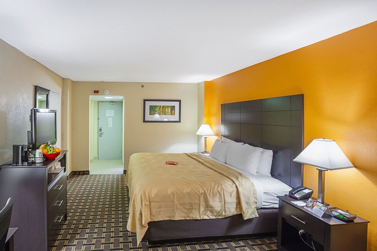 A hotel room with a bed, bedside lamps, a desk with a phone, a TV, and a bowl of fruit.