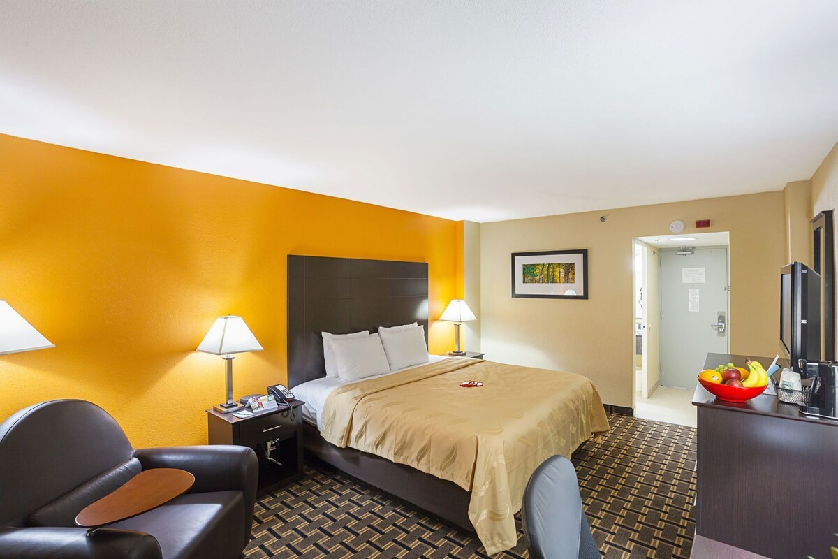A hotel room with a bed, bedside lamps, a desk with a TV, a chair, and a fruit bowl.