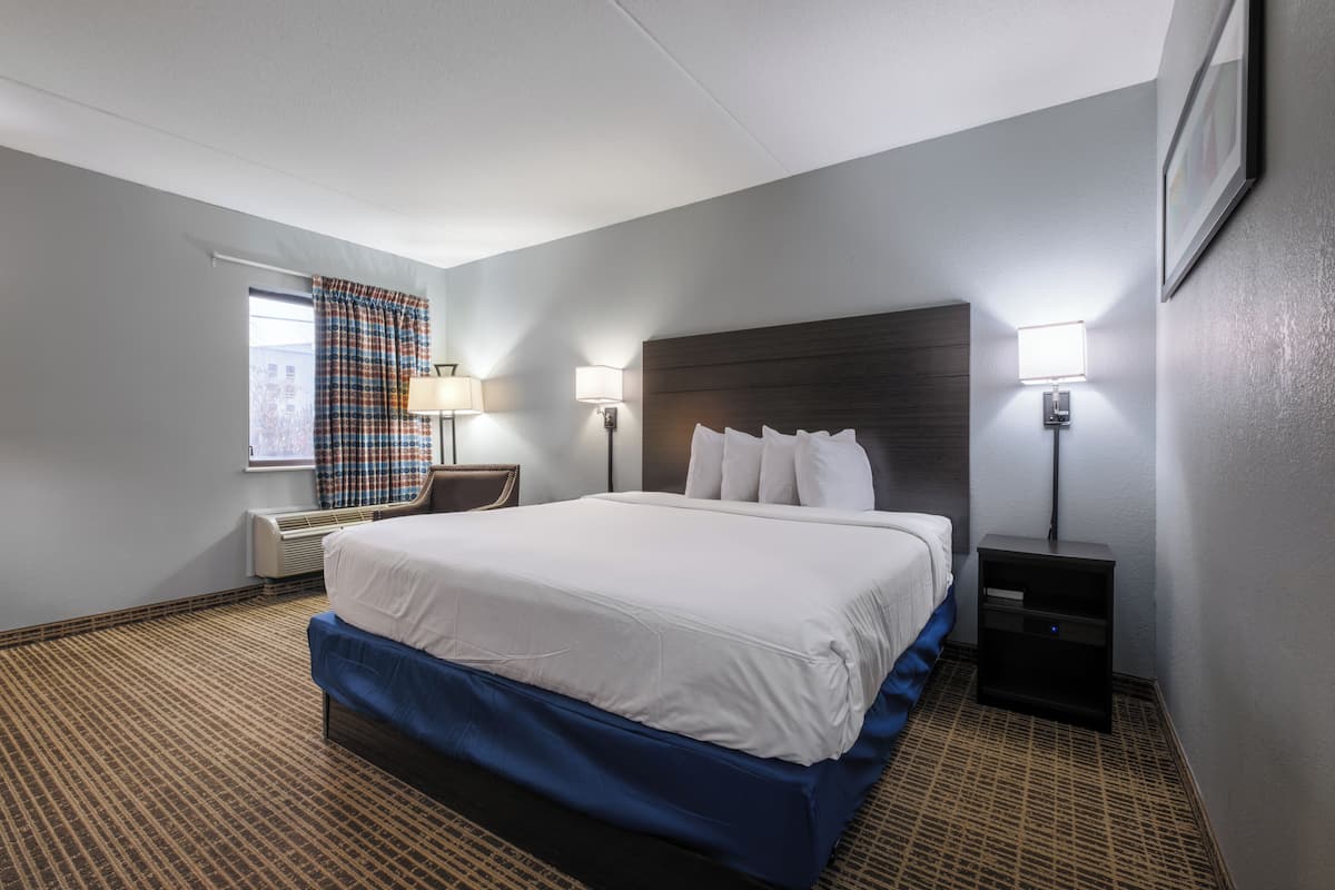 Une chambre d’hôtel avec un grand lit, deux lampes de chevet, une table de nuit, une fenêtre avec des rideaux à carreaux et un tableau accroché au mur.