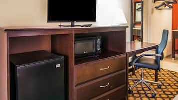 Desk, laptop workspace, blackout drapes, iron/ironing board