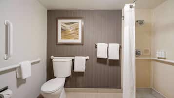 Ein Badezimmer mit Toilette, Dusche und Handtuchhalter.