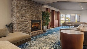 A modern lobby with a stone fireplace, a large potted plant, and a blue patterned carpet.