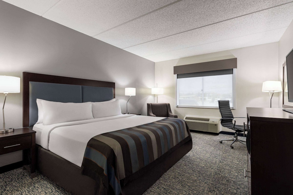 A hotel room with a large bed, two bedside tables with lamps, a desk with a chair, a window with a view, and a wall-mounted TV.