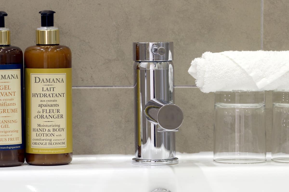 combined shower/bathtub, free toiletries, hair dryer, towels