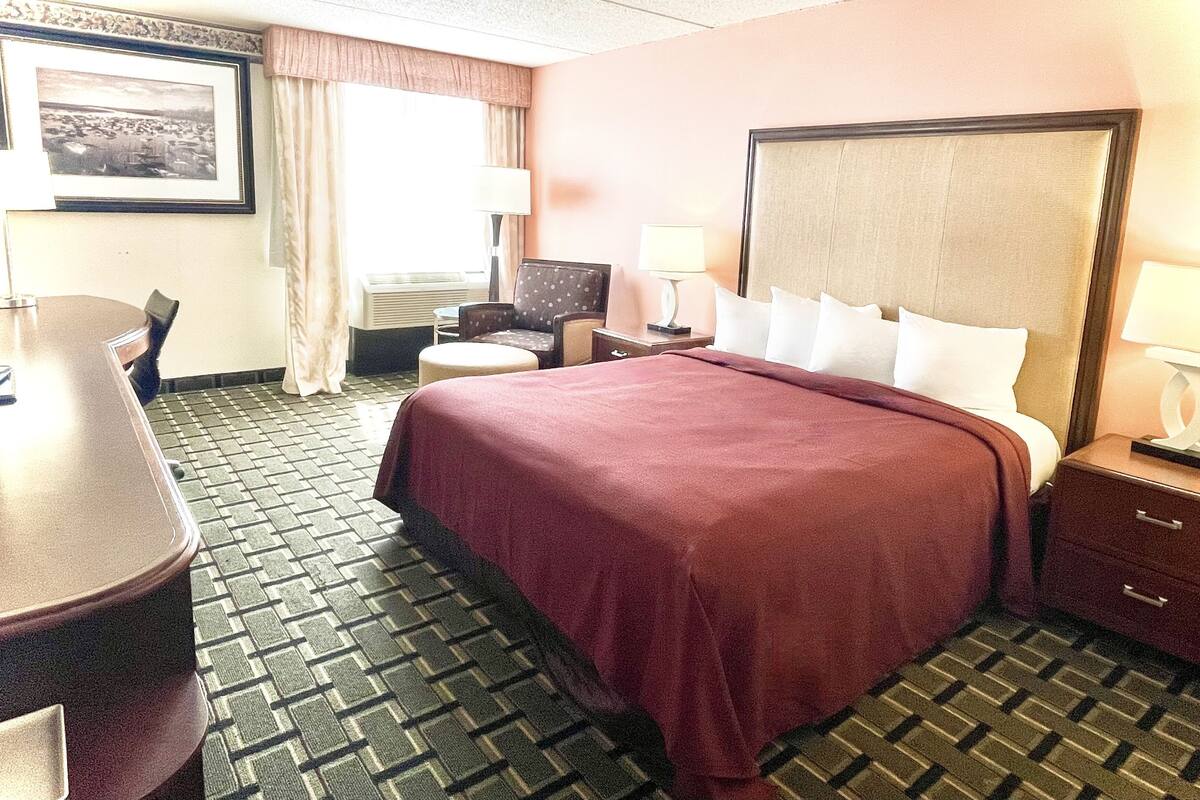 A hotel room with a bed, a desk, a chair, a nightstand with a lamp, and a picture on the wall.