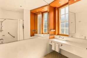 Combined shower/tub, eco-friendly toiletries, hair dryer, towels