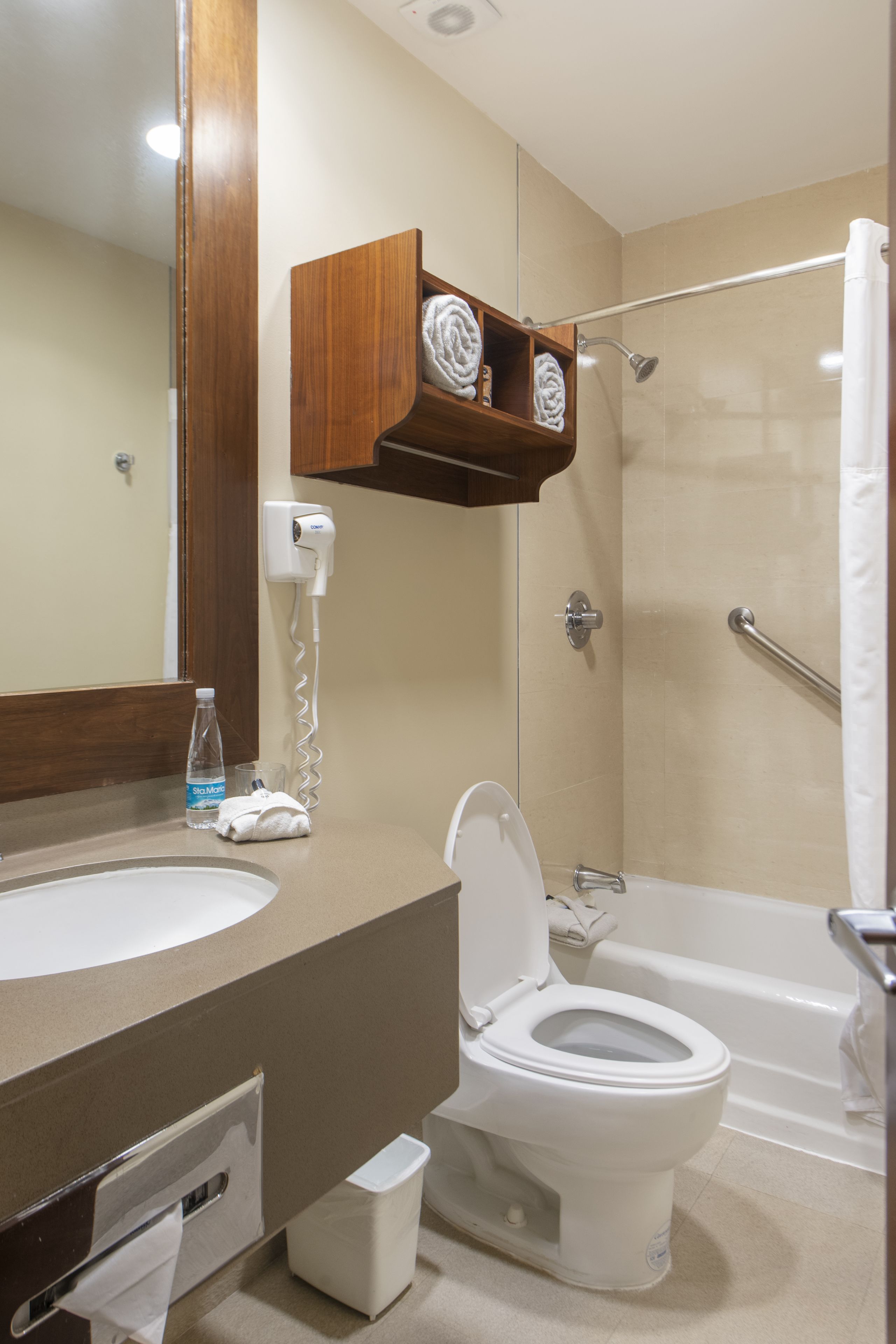 combined shower/bathtub, hair dryer, towels