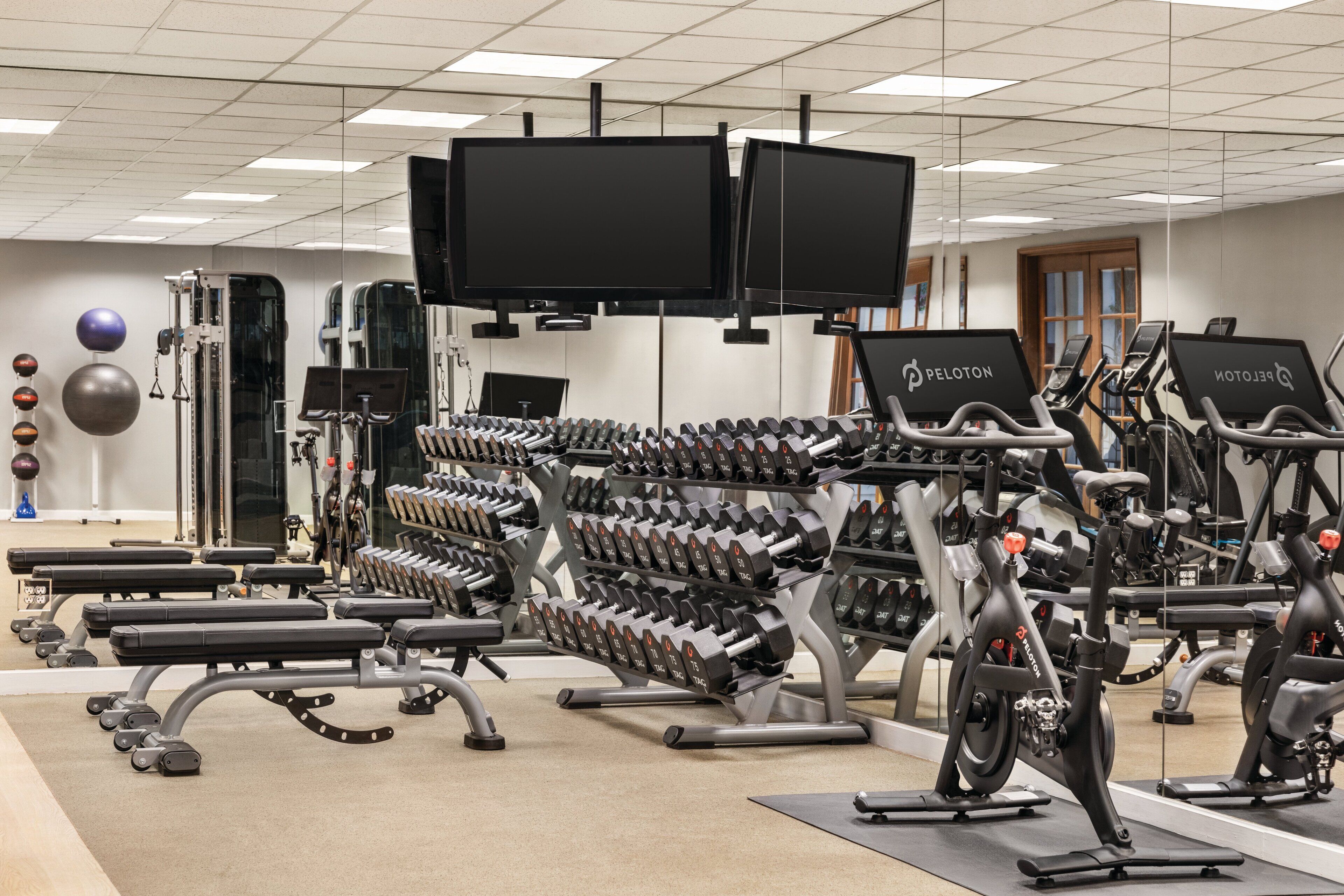 A gym with exercise equipment, including treadmills, dumbbells, and weight machines.