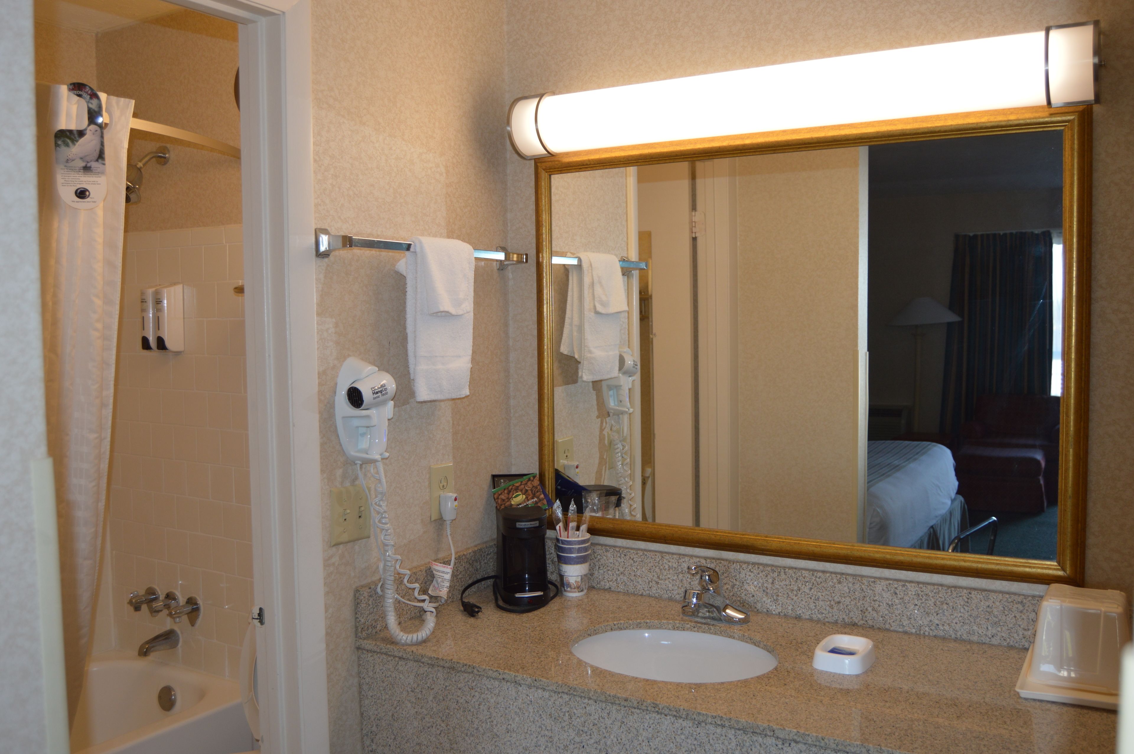 Un baño de hotel con lavamanos, espejo, toallero, ducha y cafetera.