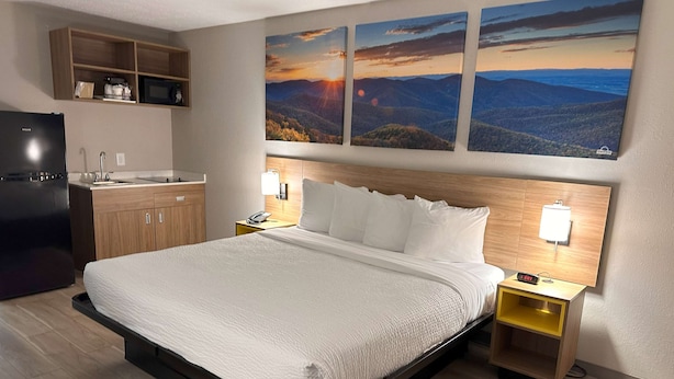 Une chambre d’hôtel comprenant un lit, une table de chevet, un bureau avec une lampe, un four à micro-ondes et une étagère avec divers objets.