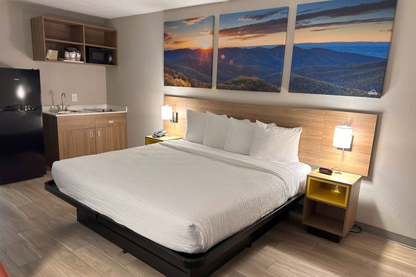 Room, 1 King Bed, Non Smoking, Kitchenette | In-room safe, desk, laptop workspace, blackout drapes
